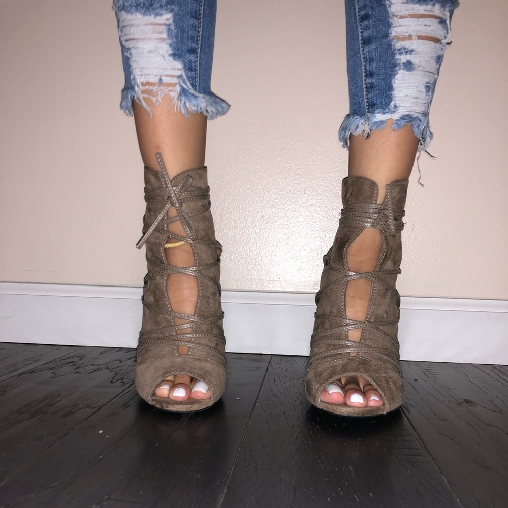 “NBW” Tie Up Faux Suede Open Toed Booties